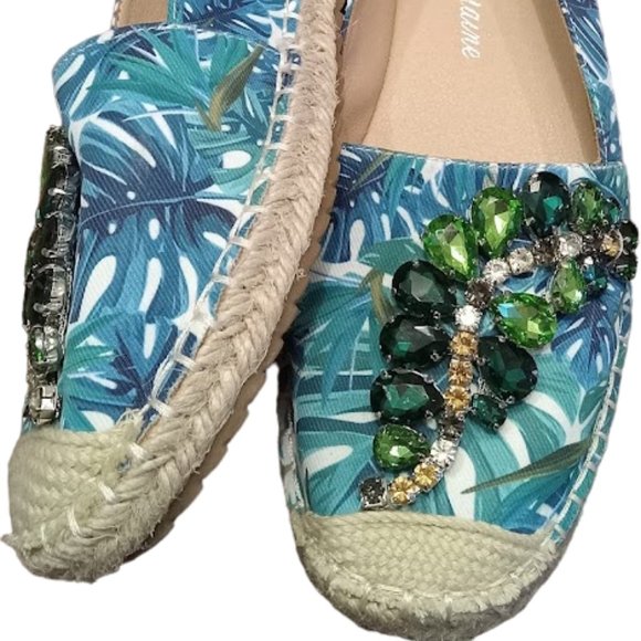 EUC 💎💎Jeweled 💎💎Tropical Palm Leaf Print Espadrille Flat | Women | Sz: 7 1/2